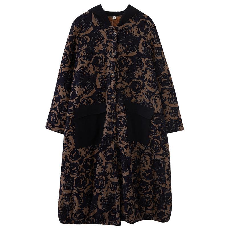Oversize Winter Coats Chocolate Print Hooded Pockets Coats