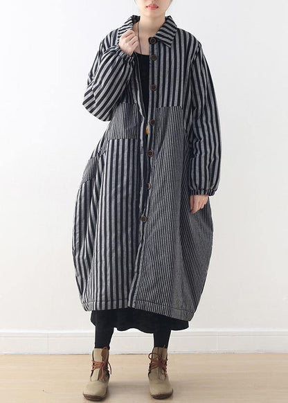 Oversize Winter Jacket Polo Collar Outwear Gray Striped Patchwork Thick Parka