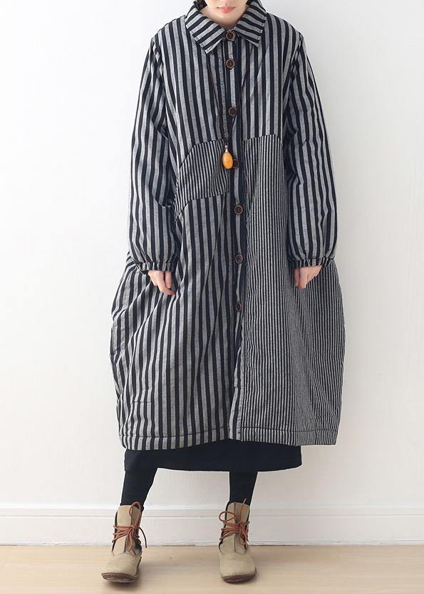 Oversize Winter Jacket Polo Collar Outwear Gray Striped Patchwork Thick Parka
