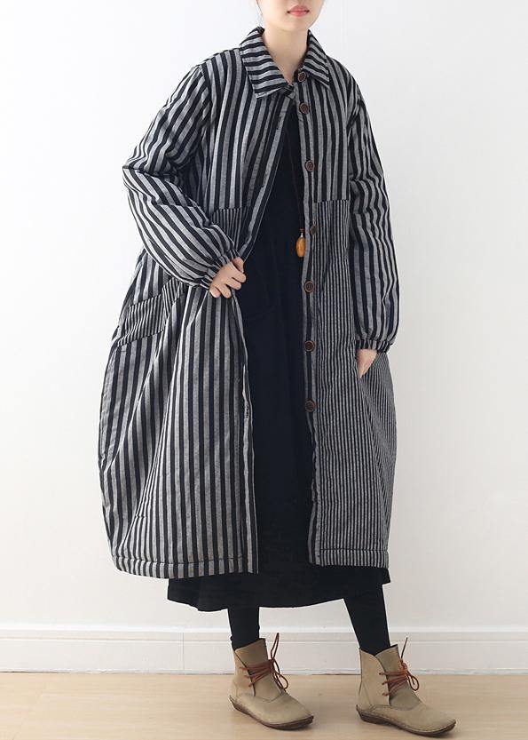 Oversize Winter Jacket Polo Collar Outwear Gray Striped Patchwork Thick Parka