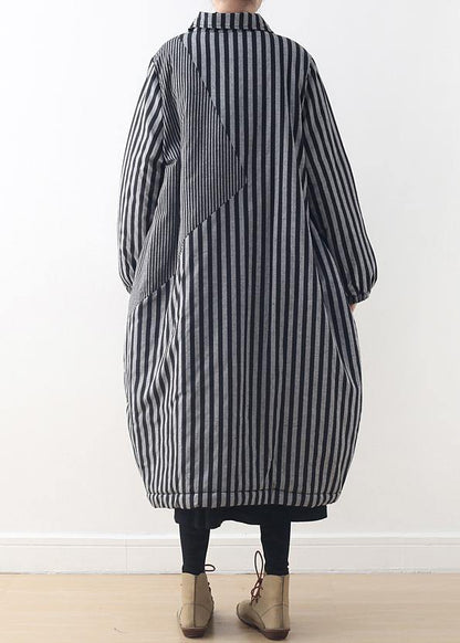 Oversize Winter Jacket Polo Collar Outwear Gray Striped Patchwork Thick Parka