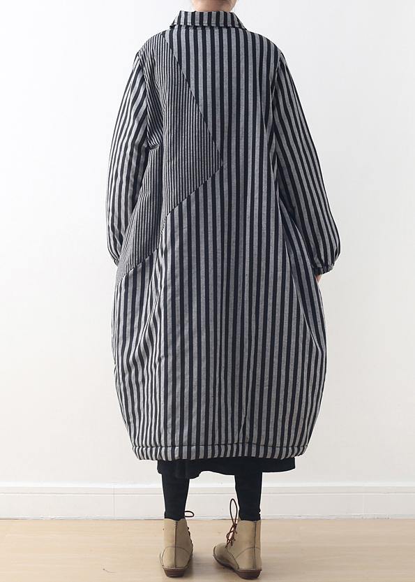 Oversize Winter Jacket Polo Collar Outwear Gray Striped Patchwork Thick Parka