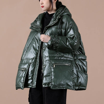 Oversize Winter Jacket Coats Blackish Green Hooded Zippered Down Coat