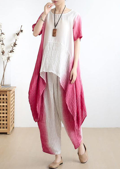 Pink O Neck Asymmetric Tops +elastic Waist Wide Leg Pants