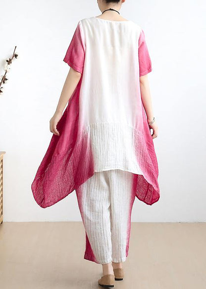 Pink O Neck Asymmetric Tops +elastic Waist Wide Leg Pants
