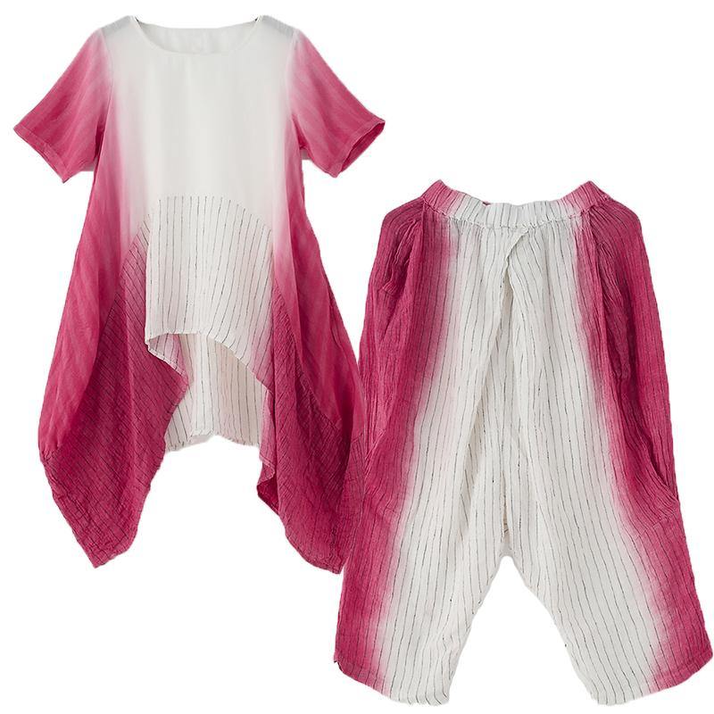 Pink O Neck Asymmetric Tops +elastic Waist Wide Leg Pants