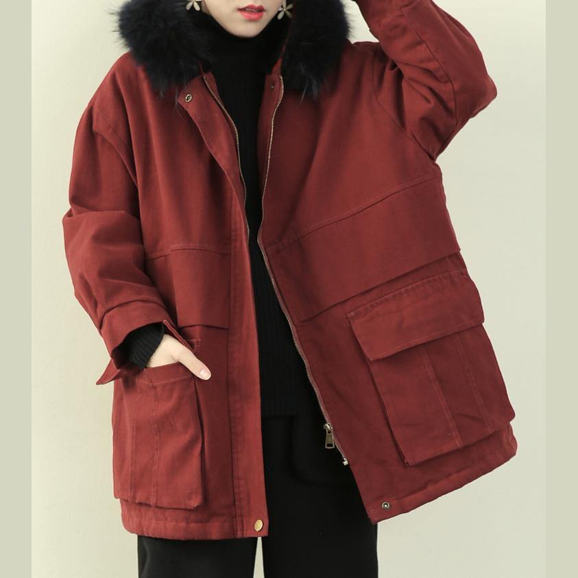 Clothing Winter Jacket Outwear Red Hooded Faux Fur Collar Overcoat