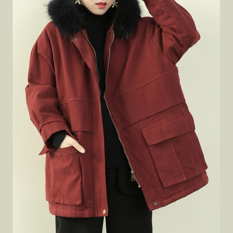 Clothing Winter Jacket Outwear Red Hooded Faux Fur Collar Overcoat