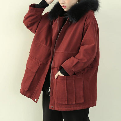 Clothing Winter Jacket Outwear Red Hooded Faux Fur Collar Overcoat