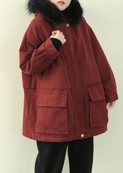 Clothing Winter Jacket Outwear Red Hooded Faux Fur Collar Overcoat