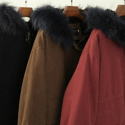 Clothing Winter Jacket Outwear Red Hooded Faux Fur Collar Overcoat
