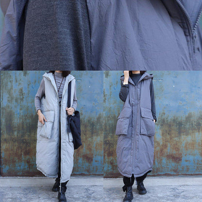 Clothing Winter Jacket Stand Collar Coats Dark Gray Hooded Sleeveless Coats
