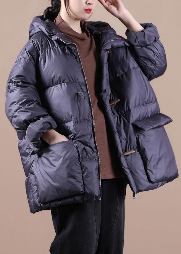 Down Jacket Black Hooded Pockets Goose Down Coat