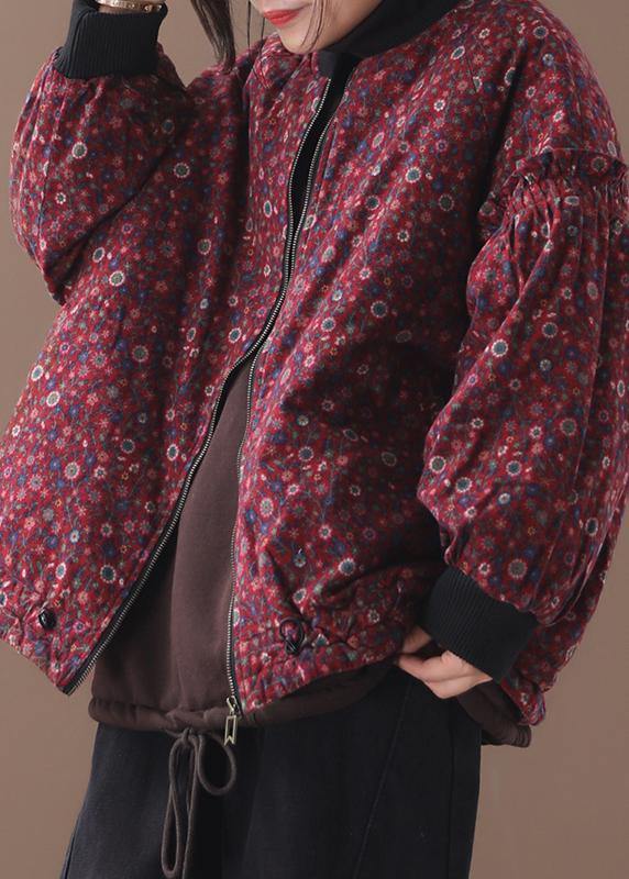 Down Jacket Zippered Outwear Red Patchwork O Neck Short Coats