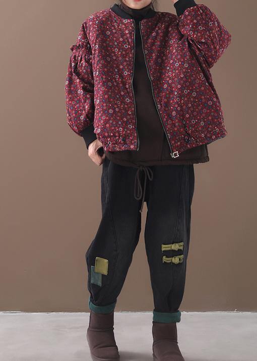 Down Jacket Zippered Outwear Red Patchwork O Neck Short Coats