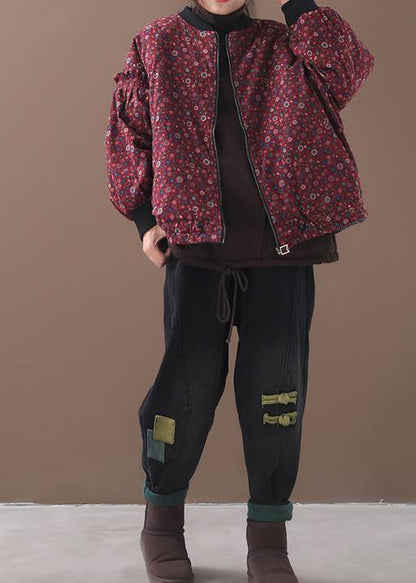 Down Jacket Zippered Outwear Red Patchwork O Neck Short Coats