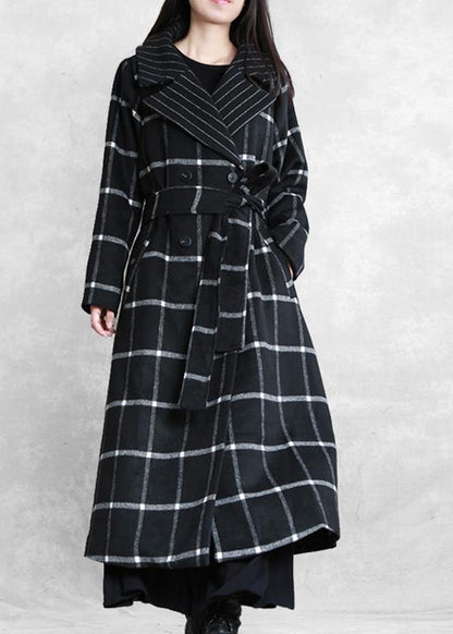 Long Coats Woolen Outwear Black Plaid Notched Tie Waist Woolen Overcoat