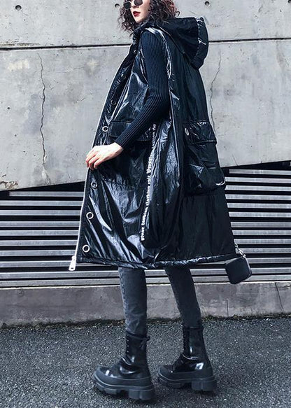 Sleeveless Warm Winter Coat Black Hooded Zippered Parka
