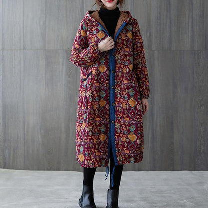 Warm Winter Coat Winter Coats Burgundy Print Hooded Pockets Coat