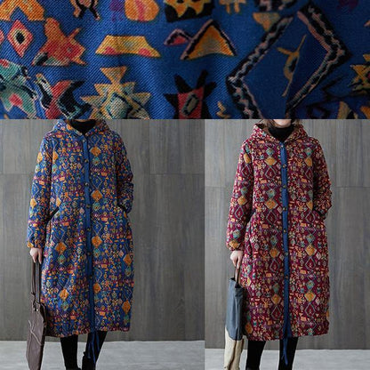 Warm Winter Coat Winter Coats Burgundy Print Hooded Pockets Coat