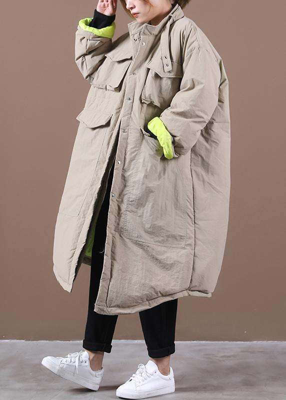 Winter Jacket Pockets Khaki Stand Collar Asymmetric Warm Winter Coat