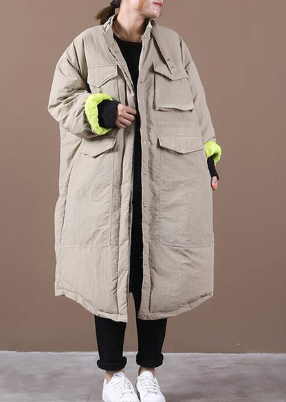 Winter Jacket Pockets Khaki Stand Collar Asymmetric Warm Winter Coat