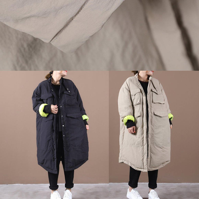 Winter Jacket Pockets Khaki Stand Collar Asymmetric Warm Winter Coat