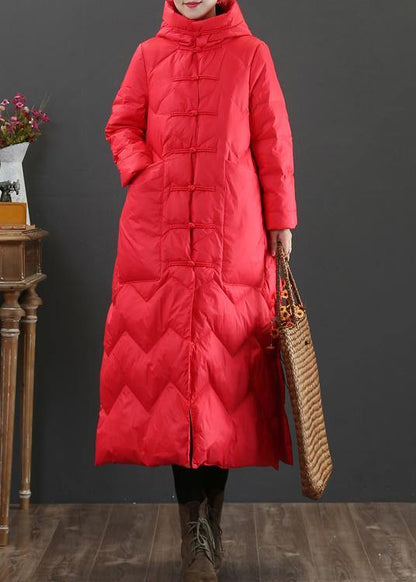 Winter Outwear Red Hooded Chinese Button Duck Down Coat