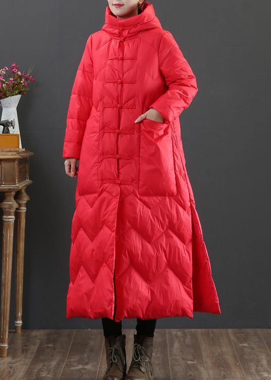 Winter Outwear Red Hooded Chinese Button Duck Down Coat
