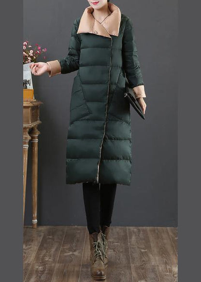Parka Overcoat Blackish Green Stand Collar Pockets Duck Down Coat