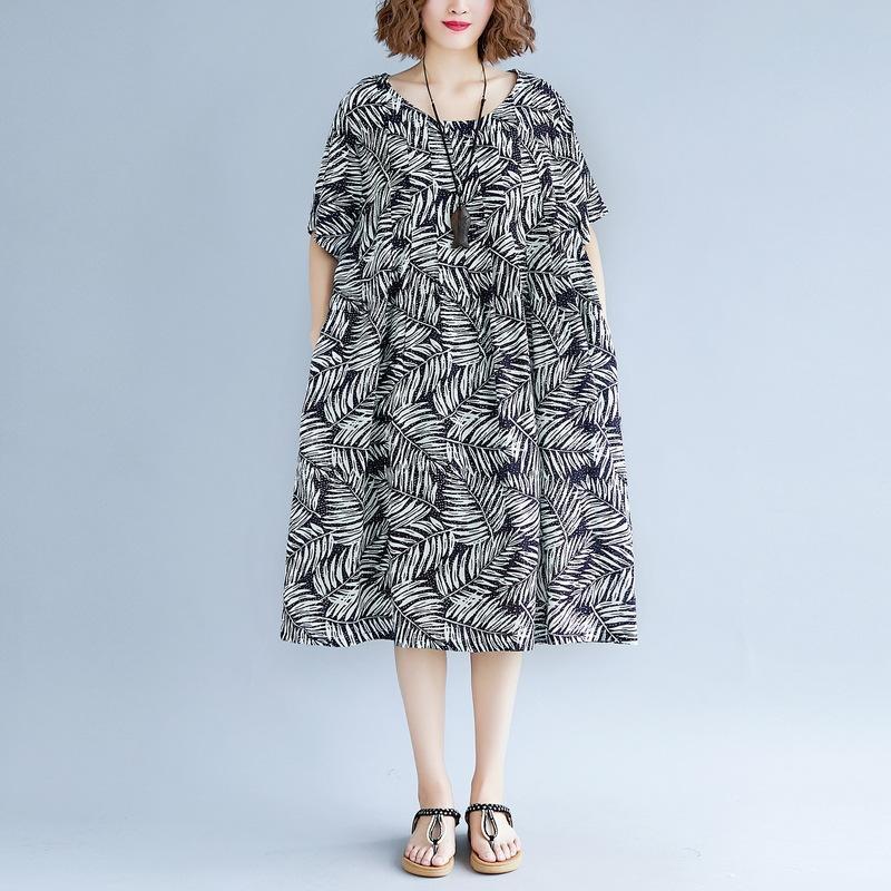 Print Cotton Linen Dresses Clothing Short Sleeve Baggy Dresses New O Neck Traveling Dress