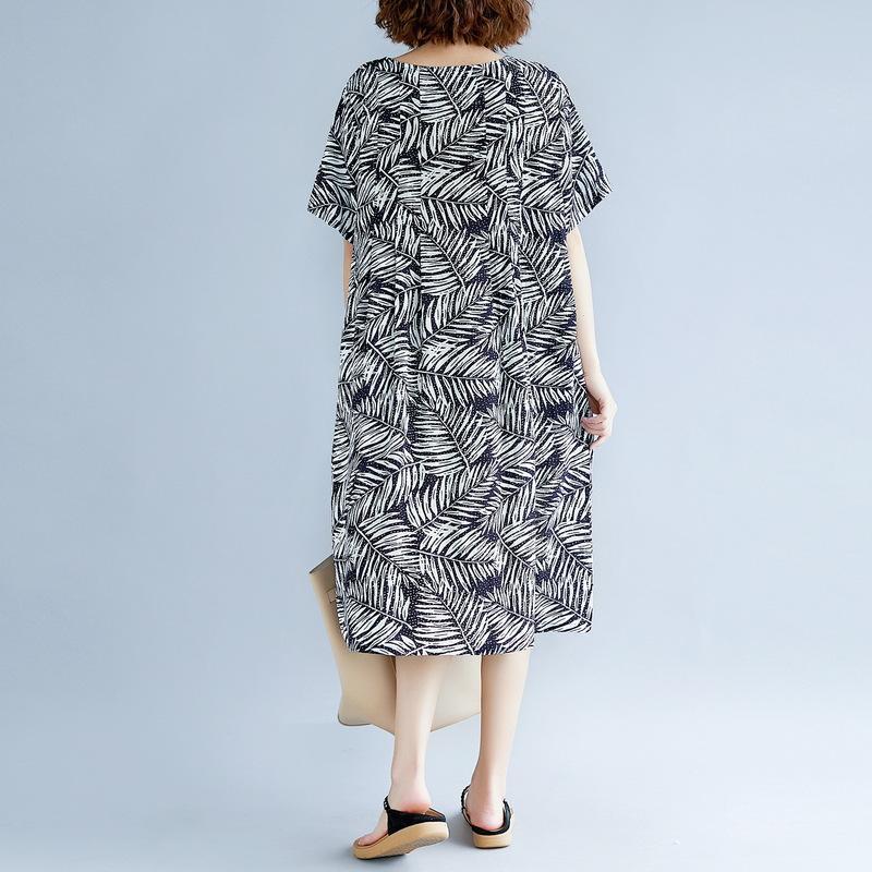 Print Cotton Linen Dresses Clothing Short Sleeve Baggy Dresses New O Neck Traveling Dress