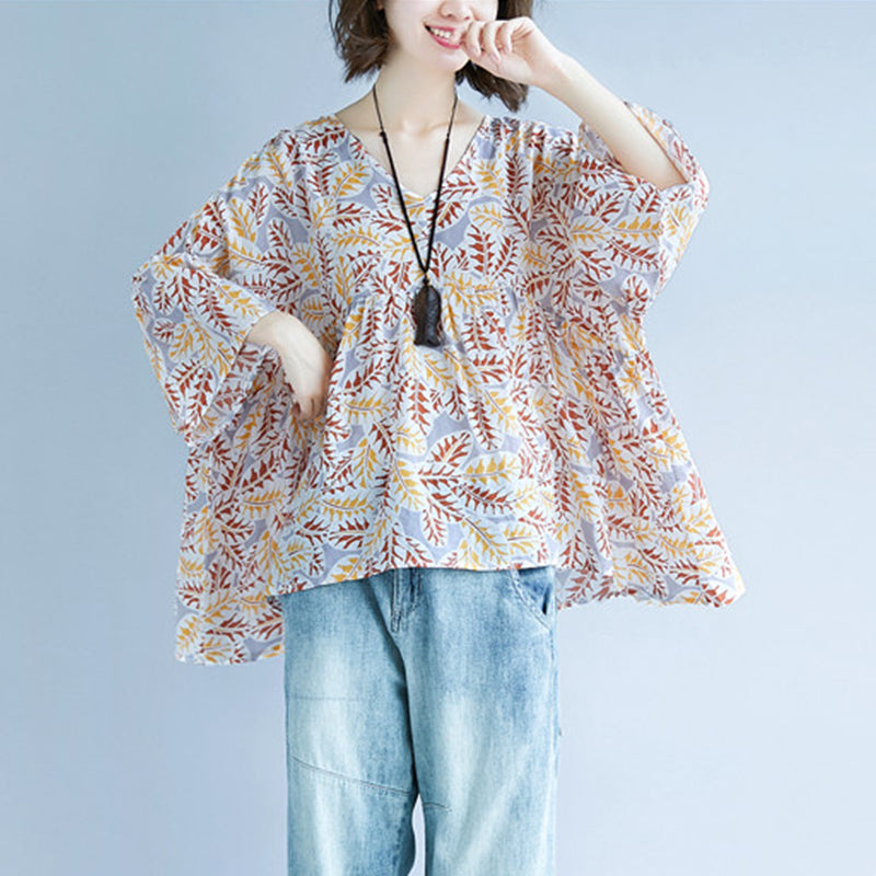 Print Cotton Linen Pullover Traveling Blouse O Neck Extra Large Hem Cotton Clothing
