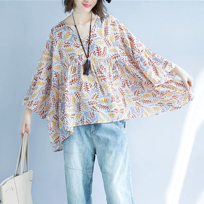 Print Cotton Linen Pullover Traveling Blouse O Neck Extra Large Hem Cotton Clothing