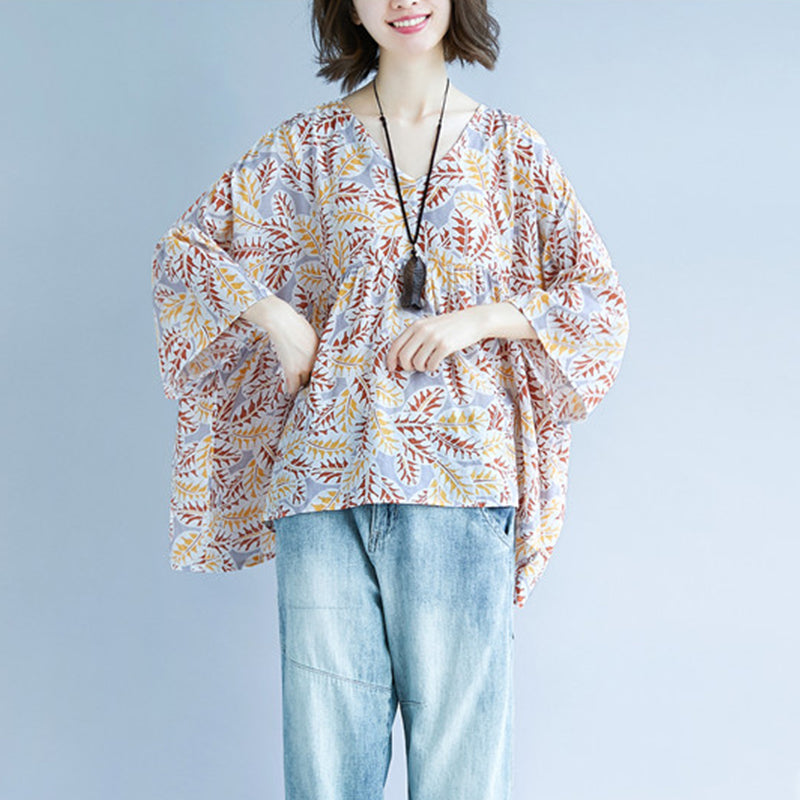 Print Cotton Linen Pullover Traveling Blouse O Neck Extra Large Hem Cotton Clothing