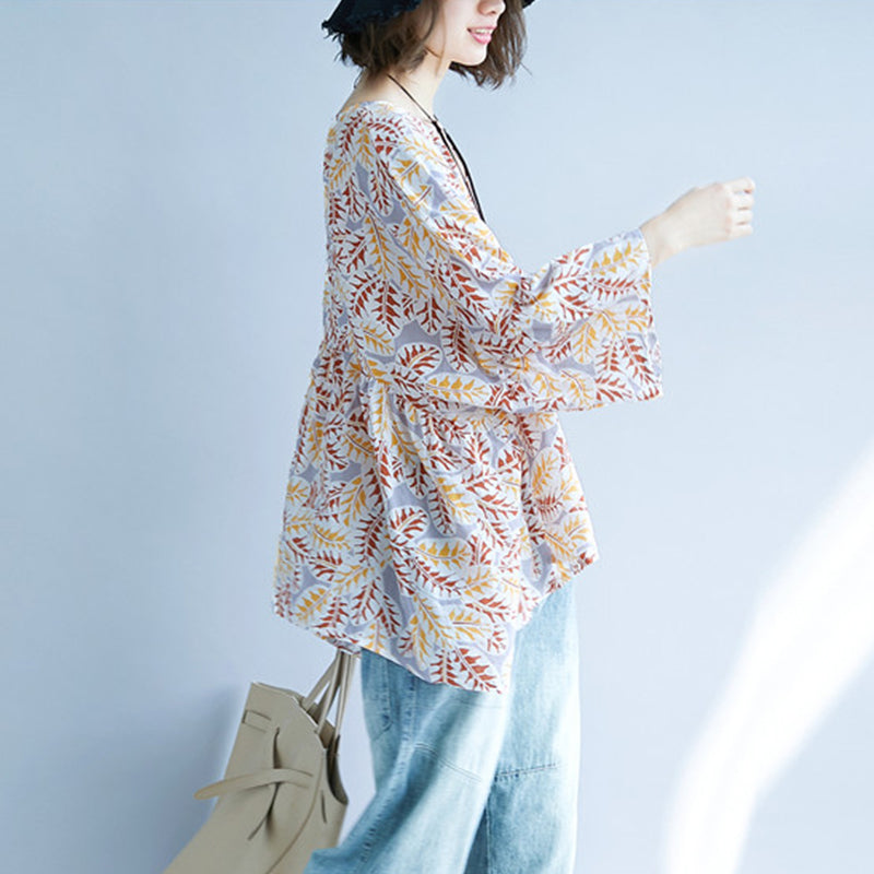 Print Cotton Linen Pullover Traveling Blouse O Neck Extra Large Hem Cotton Clothing