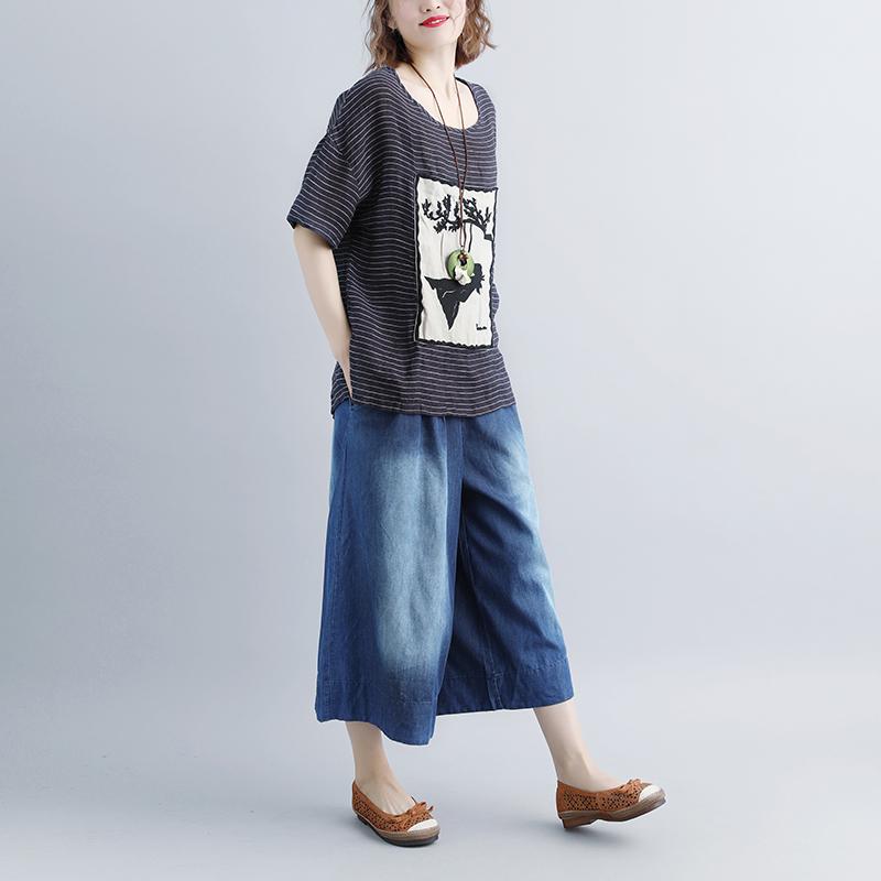 Pure Linen Tops Oversized Stripe Short Sleeve Embroidery High-low Hem Tops