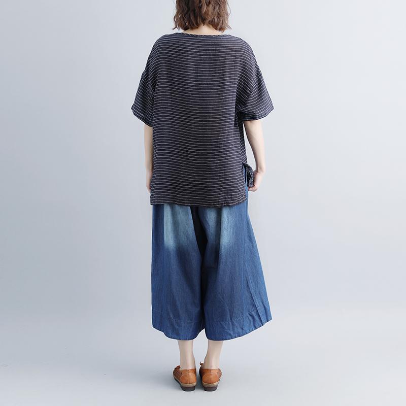 Pure Linen Tops Oversized Stripe Short Sleeve Embroidery High-low Hem Tops