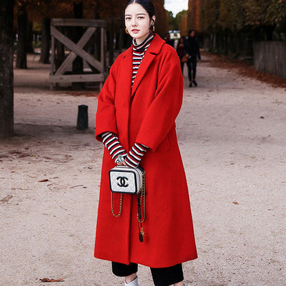 Red Winter Coat Notched Wool Coat Pockets Tie Waist Wool Jackets