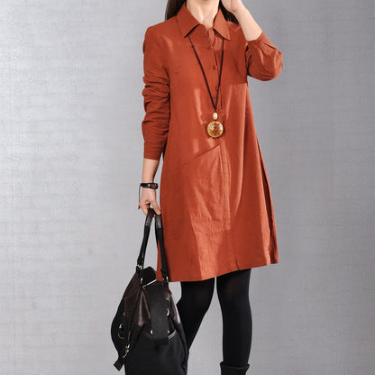 Red Cotton Dress Linen Dress Fine Big Pockets Long Sleeve Cotton Shirt Clothing