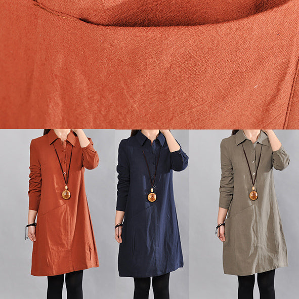 Red Cotton Dress Linen Dress Fine Big Pockets Long Sleeve Cotton Shirt Clothing