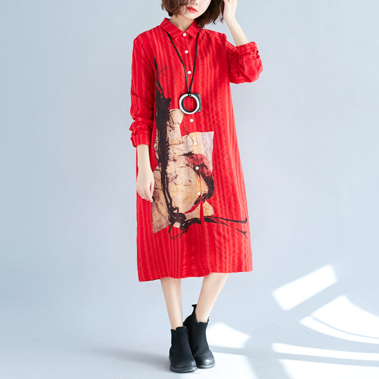 Red Cotton Shift Shirt Dresses Holiday Dresses Long Sleeve Turn-down Collar Cotton Shirt Dress
