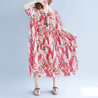 Red Linen Maxi Dress Oversize Short Sleeve Print Long Cotton Dresses Fine O Neck Traveling Clothing