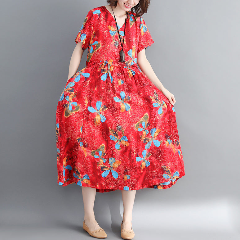 Red Long Cotton Linen Dress Print Cinched Long Cotton Dresses Fine Drawstring V Neck Cotton Linen Clothing Dress