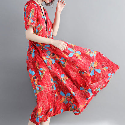 Red Long Cotton Linen Dress Print Cinched Long Cotton Dresses Fine Drawstring V Neck Cotton Linen Clothing Dress