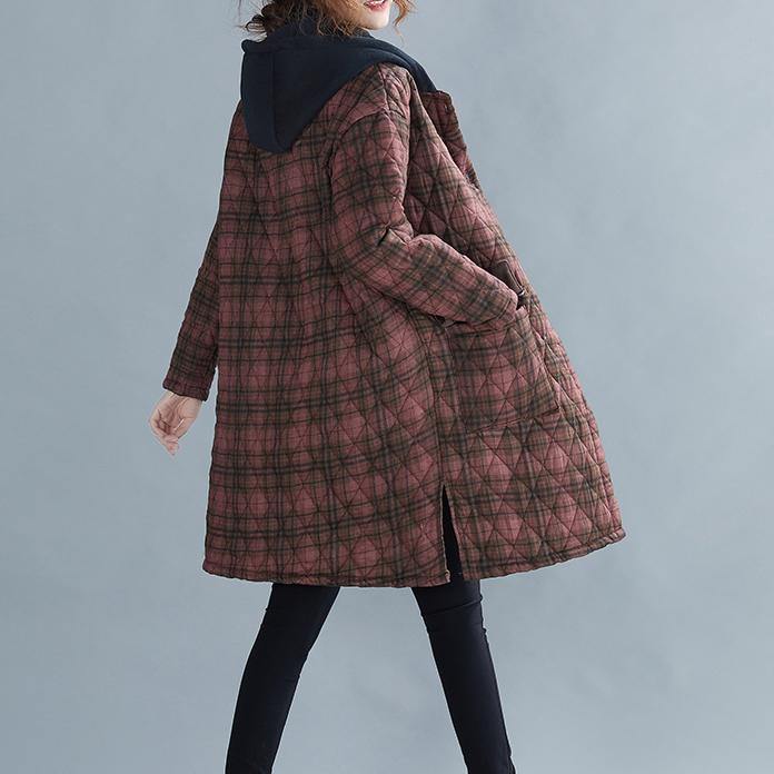 Red Plaid Coat Coats Hooded Pockets Overcoat