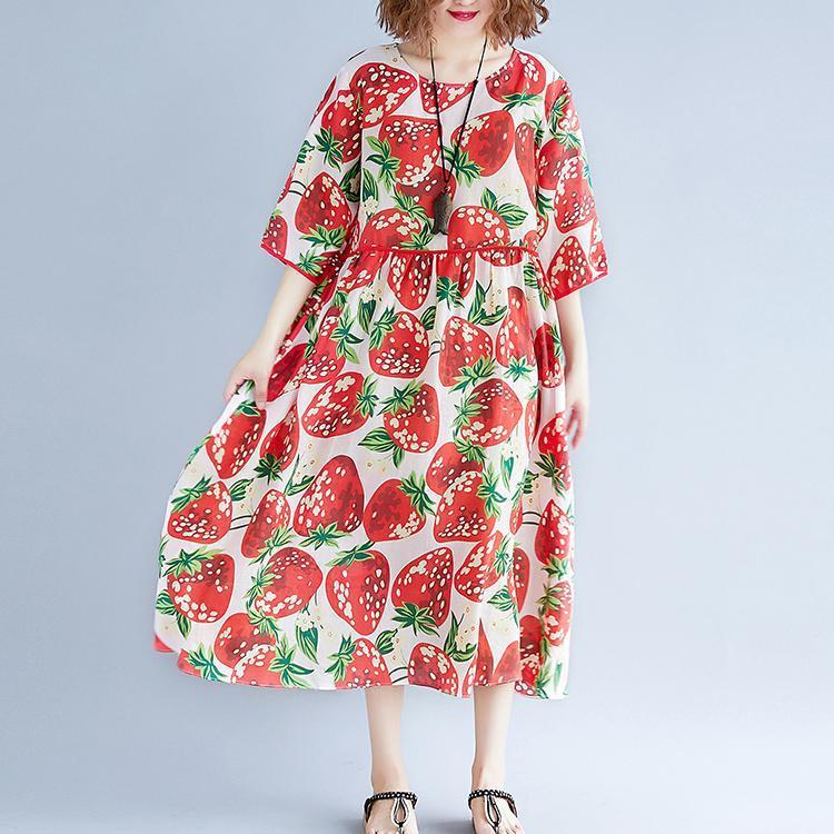 Red Print Natural Chiffon Dress Oversized Dress Boutique Short Sleeve O Neck Extra Large Hem Midi Dress