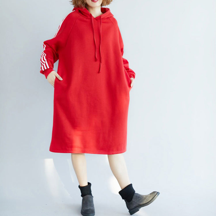 Red Spring Dress Cotton Oversize Holiday Dresses Warm Thick Hooded