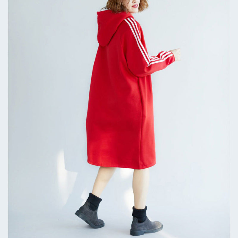 Red Spring Dress Cotton Oversize Holiday Dresses Warm Thick Hooded