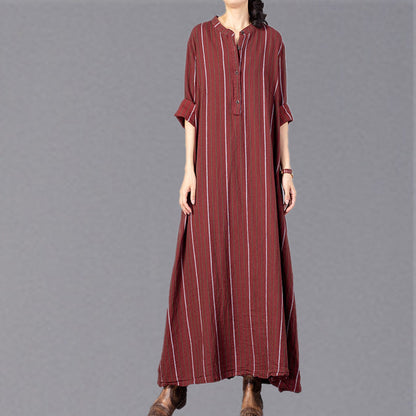 Red Striped Stand Collar Gown Baggy Pockets Maxi Dresses